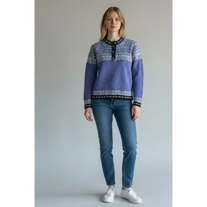 Vintage 90s L.L.Bean Blue Fair Isle Nordic Henley Cotton Sweater Women’s Small